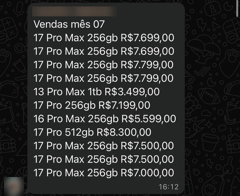 Mensagem do cliente listando as vendas do mês, com identificação ocultada